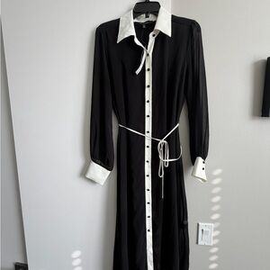 White House Black Market Black Midi Shirt Dress with White Trim